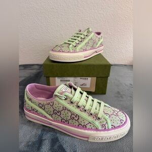 Brand New Gucci Tennis 1977 GG Crystals Pale Green Lilac Sneakers Sz 36.5 US 6.5